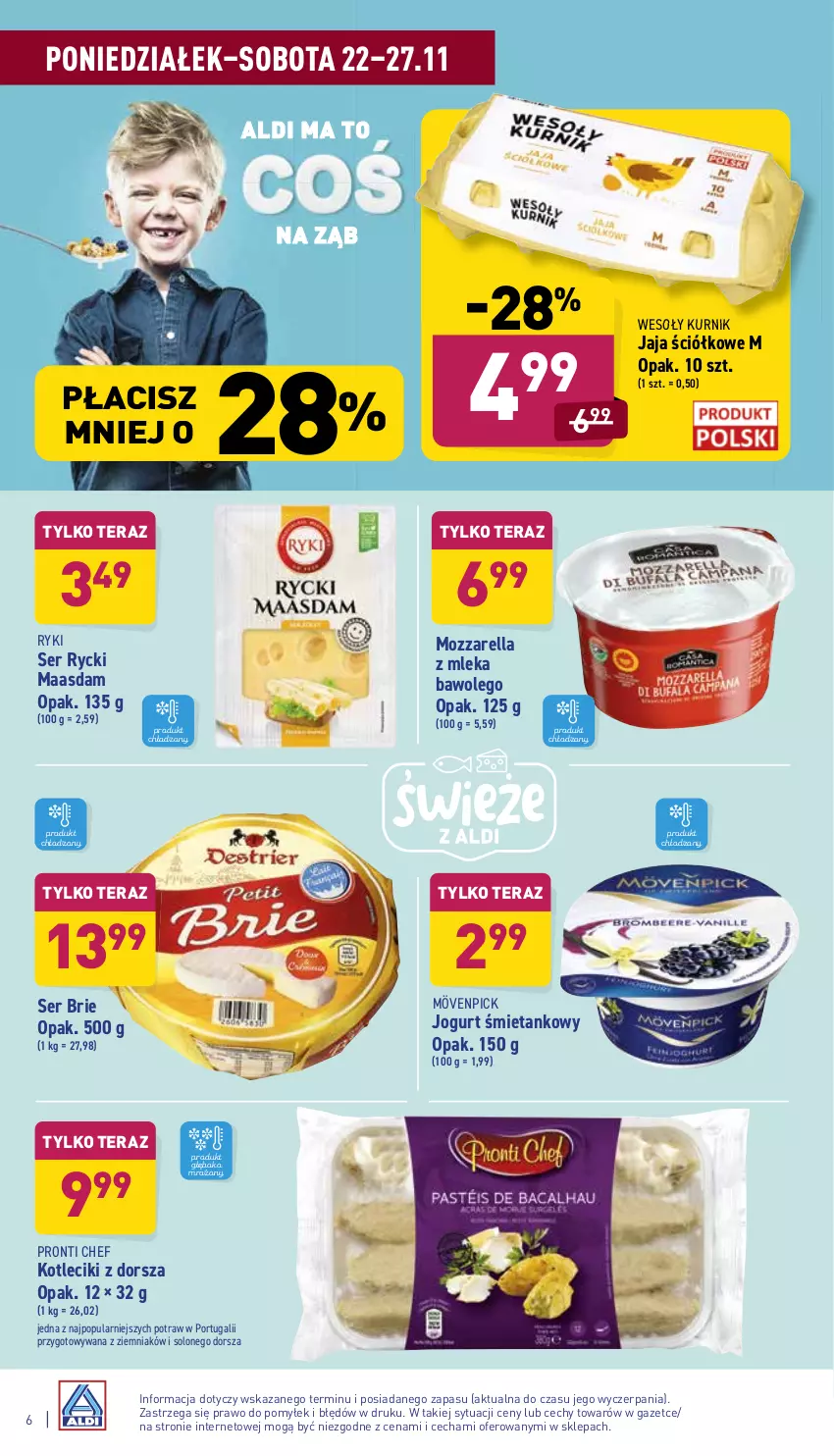 Gazetka promocyjna Aldi - Katalog spożywczy - ważna 22.11 do 27.11.2021 - strona 6 - produkty: Brie, Dorsz, Jaja, Jogurt, LEGO, Maasdam, Mozzarella, Por, Ser, Tera