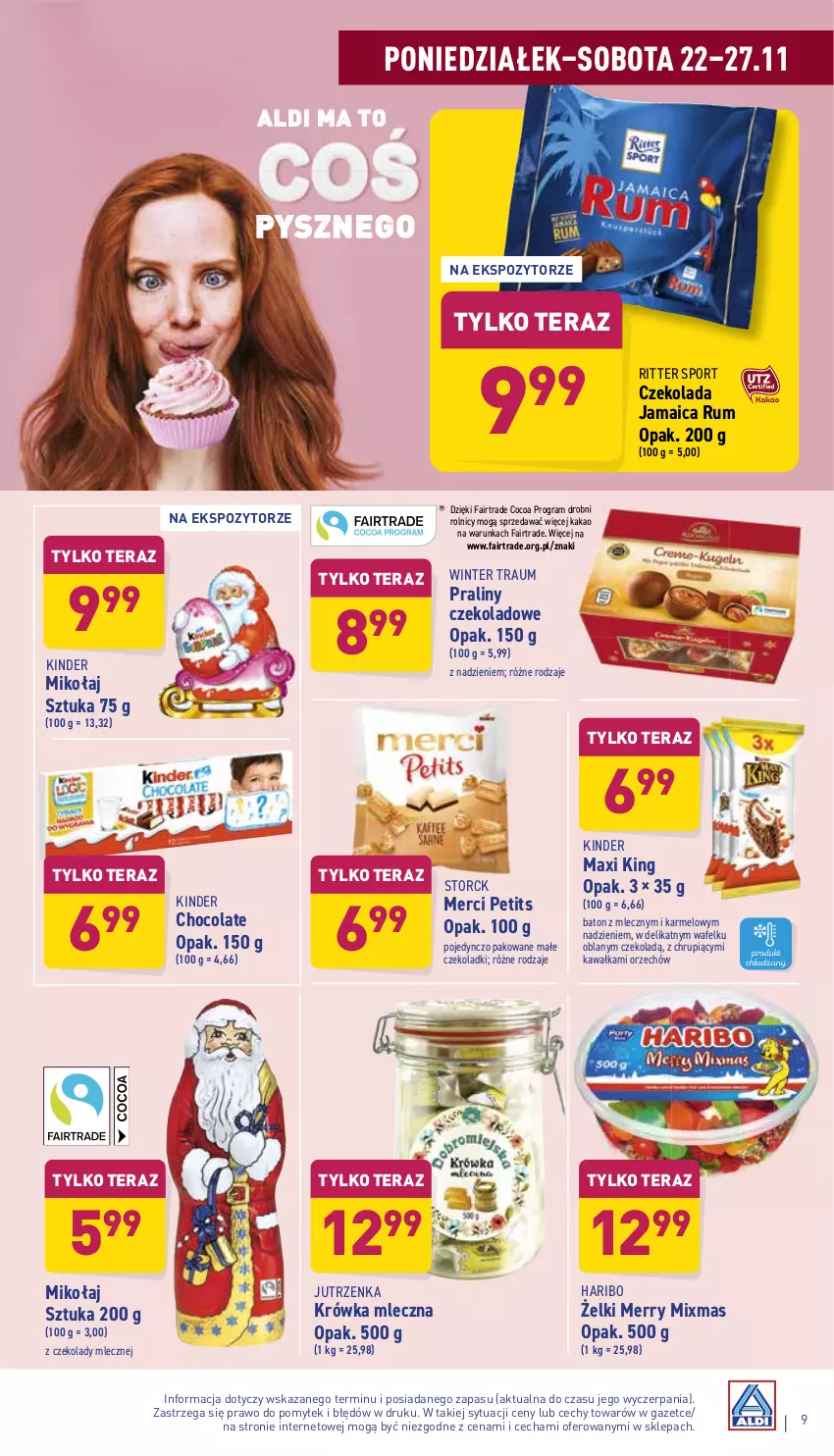 Gazetka promocyjna Aldi - Katalog spożywczy - ważna 22.11 do 27.11.2021 - strona 9 - produkty: Baton, Czekolada, Fa, Gra, Haribo, Jutrzenka, Kakao, Kawa, Kinder, Merci, Por, Praliny, Ritter Sport, Rum, Sport, Tera