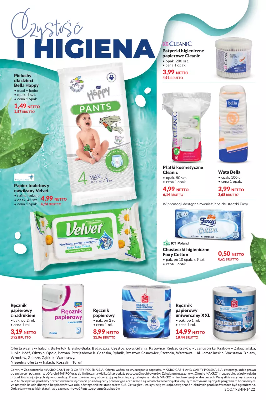 Gazetka promocyjna Makro - [Oferta specjalna] Chwile dla urody - ważna 28.06 do 11.07.2022 - strona 10 - produkty: Bell, Bella, Chusteczki, Cleanic, Dzieci, Foxy, Gra, Kosz, Papier, Papier toaletowy, Piec, Pieluchy, Płatki kosmetyczne, Ręcznik, Rum, Sos, Szal, Velvet