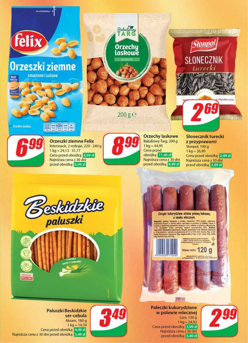 Gazetka promocyjna Dino - Gazetka 20 / 2024 - ważna 15.05 do 21.05.2024 - strona 45 - produkty: Aksam, Beskidzki, Cebula, Chrupki, Felix, Kakao, Miecz, Orzeszki, Orzeszki ziemne, Ser, Słonecznik turecki, Słonpol, Woda