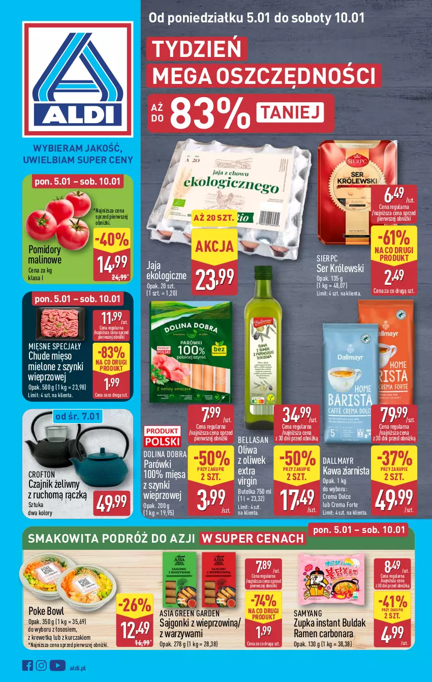 Gazetka promocyjna Aldi - Pełna oferta - ważna 05.01 do 10.01.2026 - strona 1 - produkty: Bell, Bella, Czajnik, Dallmayr, Gin, Jaja, Kawa, Kawa ziarnista, Królewski, Kurczak, Mięsne specjały, Mięso, Mięso mielone, Mięso mielone z szynki, Oliwa z oliwek, Parówki, Pomidory, Sajgonki, Ser, Smakowita, Sos, Warzywa