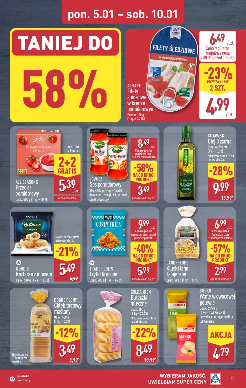 Gazetka promocyjna Aldi - Pełna oferta - ważna 05.01 do 10.01.2026 - strona 11 - produkty: All Seasons, Bułeczki, Bułeczki mleczne, Chleb, Chleb tostowy, Frytki, Gra, Kujawski, Mango, Olej, Sonko, Sos, Sos pomidorowy, Spaghetti, Wafle