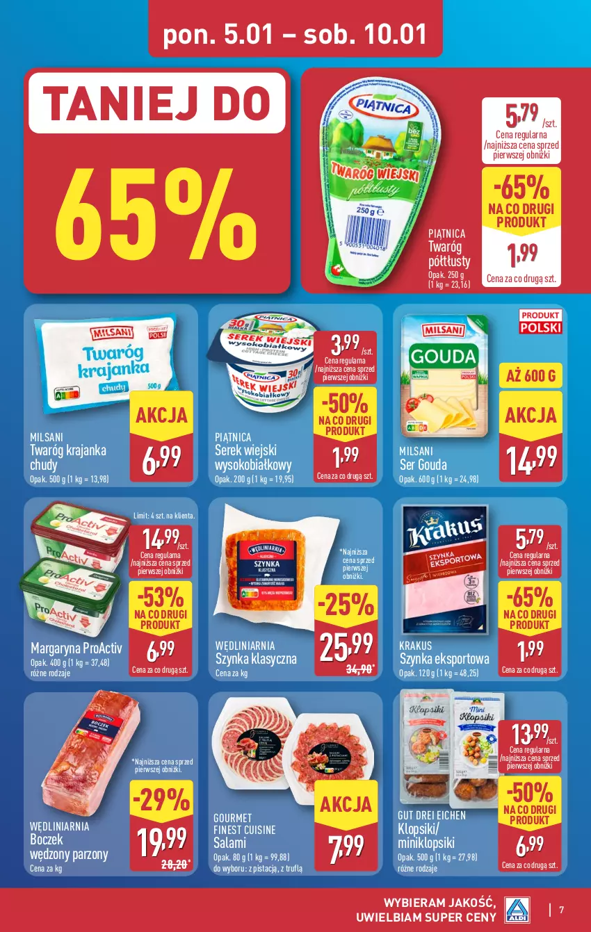 Gazetka promocyjna Aldi - Pełna oferta - ważna 05.01 do 10.01.2026 - strona 7 - produkty: Boczek, Gouda, Klopsiki, Krakus, Margaryna, Piątnica, Por, Salami, Ser, Serek, Serek wiejski, Sok, Sport, Szynka, Twaróg, Twaróg półtłusty
