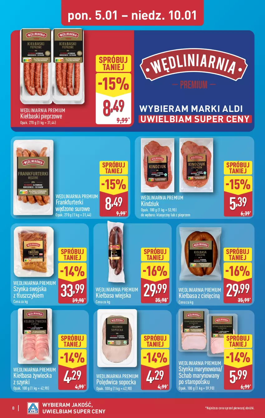 Gazetka promocyjna Aldi - Pełna oferta - ważna 05.01 do 10.01.2026 - strona 8 - produkty: Frankfurterki, Kiełbasa, Kiełbasa wiejska, Kiełbaski pieprzowe, Kindziuk, Pieprz, Polędwica, Szynka