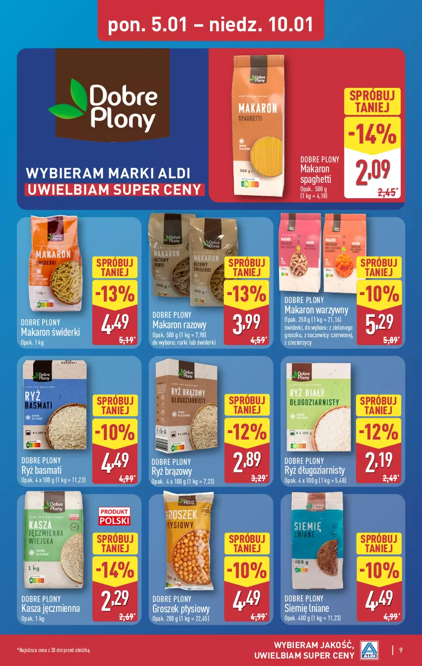 Gazetka promocyjna Aldi - Pełna oferta - ważna 05.01 do 10.01.2026 - strona 9 - produkty: Groszek, Groszek ptysiowy, Kasza, Kasza jęczmienna, Makaron, Rurki, Ryż, Ryż basmati, Spaghetti