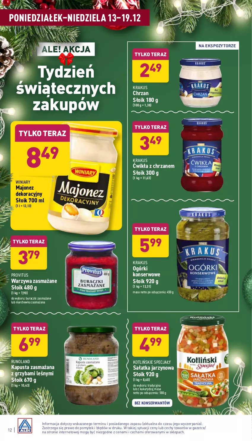 Gazetka promocyjna Aldi - ważna 13.12 do 19.12.2021 - strona 12 - produkty: Buraczki, Chrzan, Krakus, Majonez, Marchewka, Ogórki konserwowe, Runoland, Sałat, Sałatka, Ser, Tera, Warzywa, Winiary