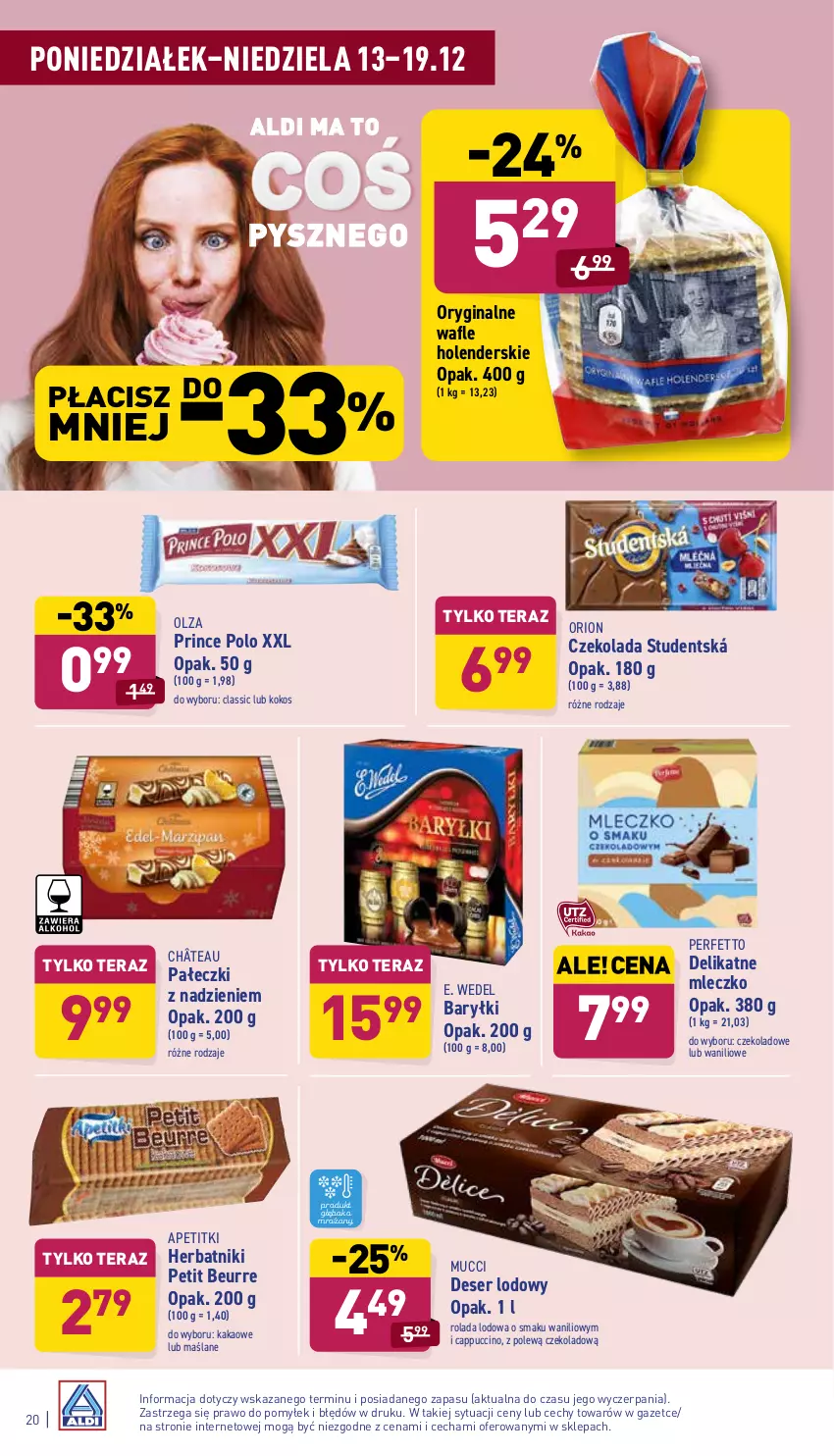 Gazetka promocyjna Aldi - ważna 13.12 do 19.12.2021 - strona 20 - produkty: Baryłki, Cappuccino, Czekolada, Deser, E. Wedel, Gin, Herbatniki, Herbatniki Petit Beurre, Kakao, Kokos, Mleczko, Prince Polo, Rolada, Ser, Tera, Wafle