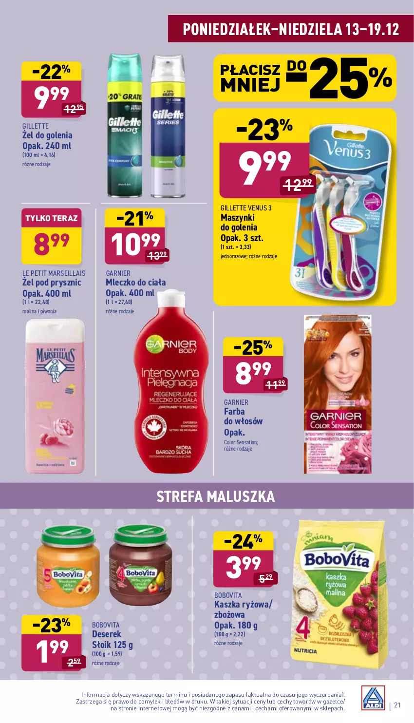 Gazetka promocyjna Aldi - ważna 13.12 do 19.12.2021 - strona 21 - produkty: BoboVita, Deser, Fa, Farba do włosów, Garnier, Gillette, Gillette Venus, Mars, Mleczko, Mleczko do ciała, Piwo, Ryż, Sati, Ser, Serek, Tera, Venus