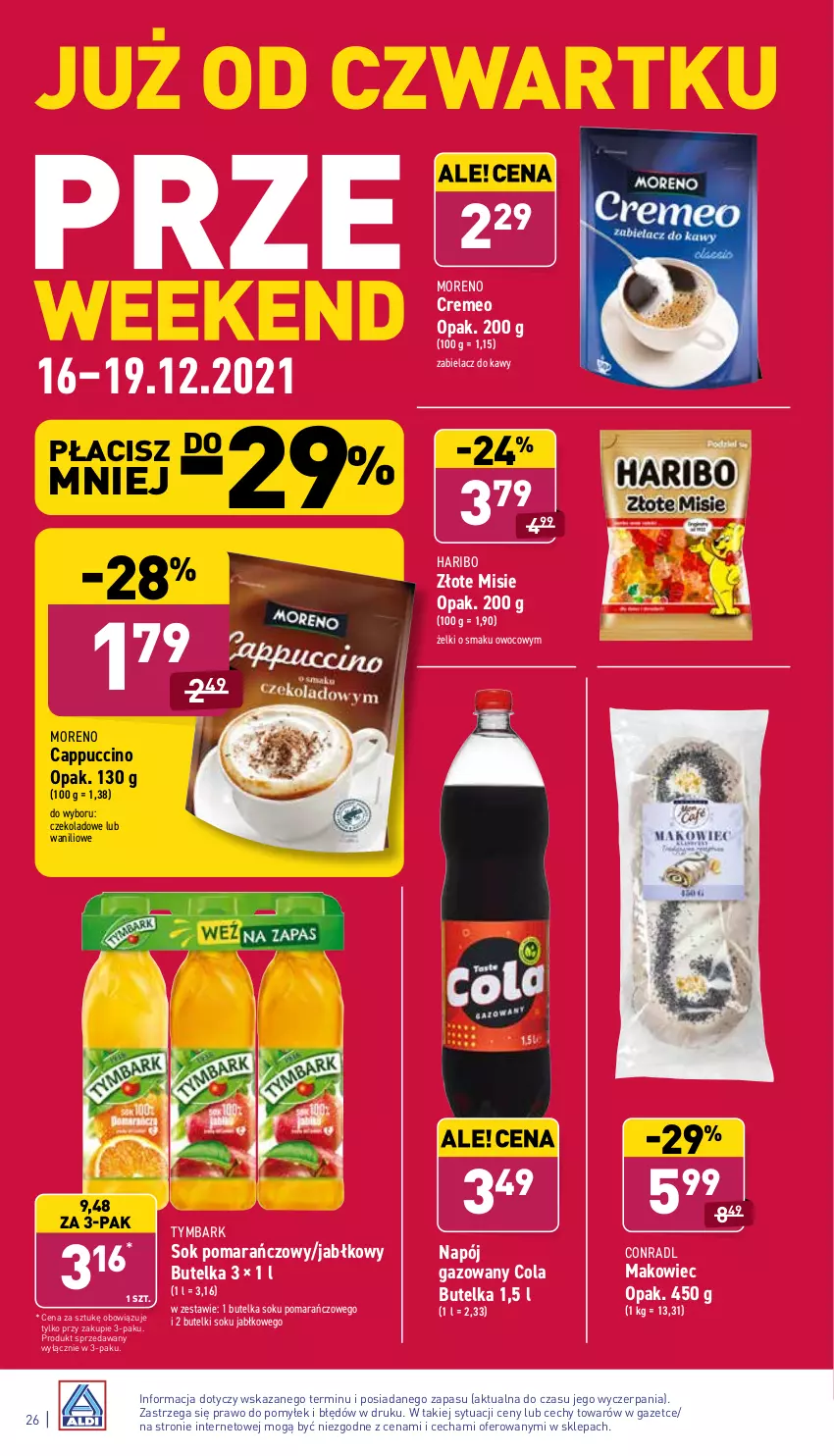 Gazetka promocyjna Aldi - ważna 13.12 do 19.12.2021 - strona 26 - produkty: Cappuccino, Haribo, Makowiec, Napój, Napój gazowany, Sok, Sok pomarańczowy, Tymbark