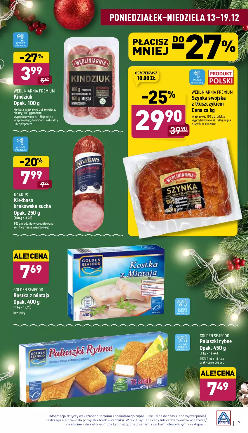 Gazetka promocyjna Aldi - ważna 13.12 do 19.12.2021 - strona 9 - produkty: Filet z mintaja, Golden Seafood, Kiełbasa, Kiełbasa krakowska, Kindziuk, Krakus, Mintaj, Paluszki rybne, Pieprz, Szynka