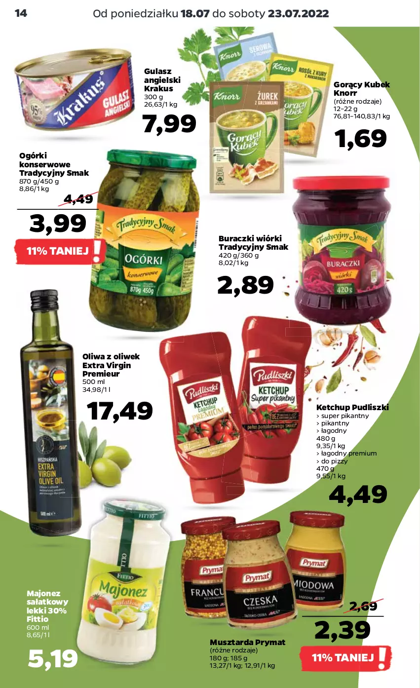 Gazetka promocyjna Netto - Artykuły spożywcze oraz Akcesoria i dodatki - ważna 18.07 do 23.07.2022 - strona 14 - produkty: Buraczki, Gin, Ketchup, Knorr, Krakus, Kubek, Majonez, Majonez sałatkowy, Mus, Musztarda, Ogórki konserwowe, Oliwa z oliwek, Prymat, Pudliszki, Sałat, Ser