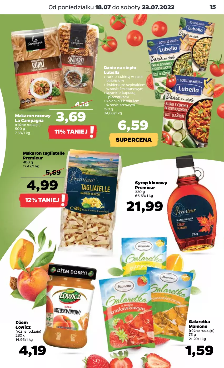 Gazetka promocyjna Netto - Artykuły spożywcze oraz Akcesoria i dodatki - ważna 18.07 do 23.07.2022 - strona 15 - produkty: Bell, Bella, Dżem, Gala, Galaretka, Kapustą, Lubella, Makaron, Piec, Pieczarka, Rurki, Ser, Sos, Syrop, Szpinak, Tagliatelle