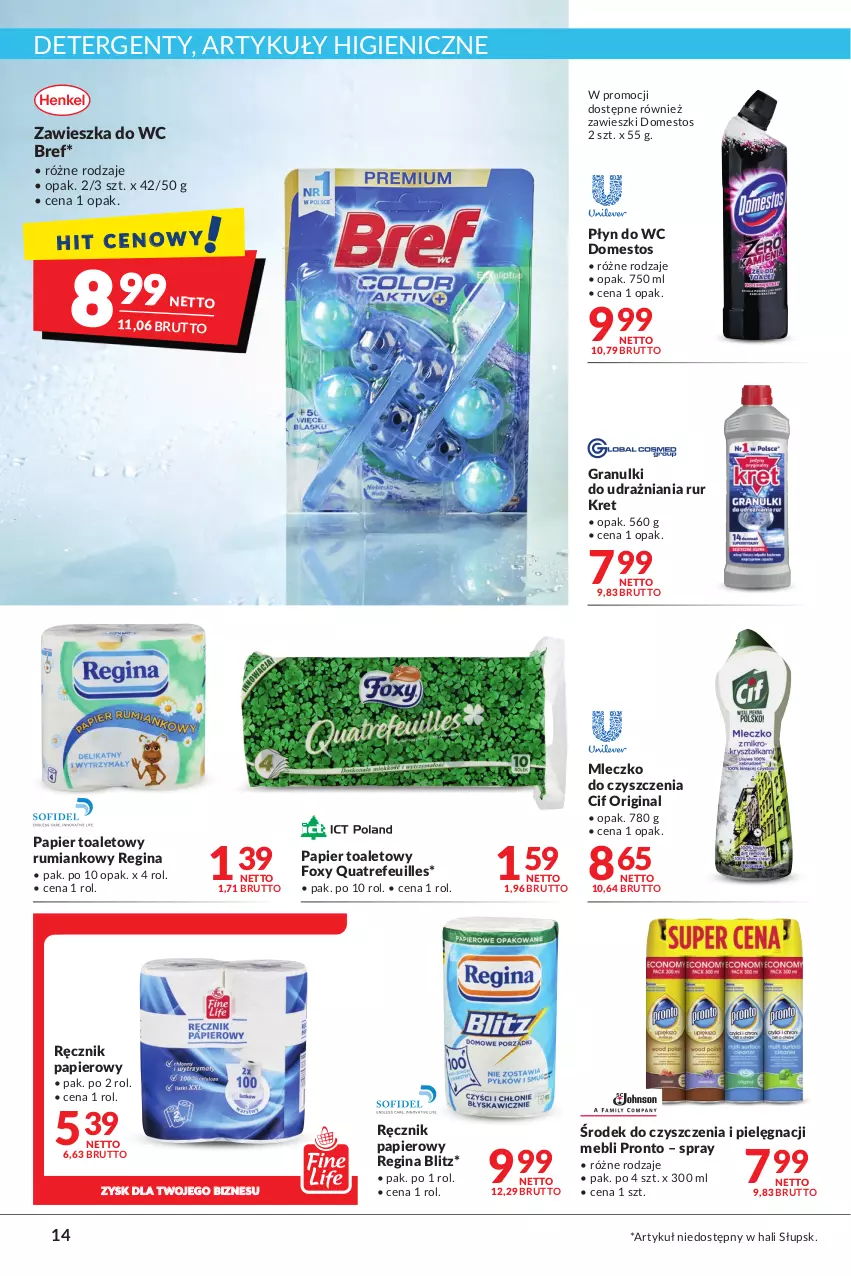 Gazetka promocyjna Makro - Najlepsze oferty - ważna 18.10 do 31.10.2022 - strona 14 - produkty: Bref, Cif, Domestos, Foxy, Gin, Gra, Kret, Mleczko, Papier, Papier toaletowy, Płyn do wc, Pronto, Ręcznik, Rum, Zawieszka do wc, Zawieszki