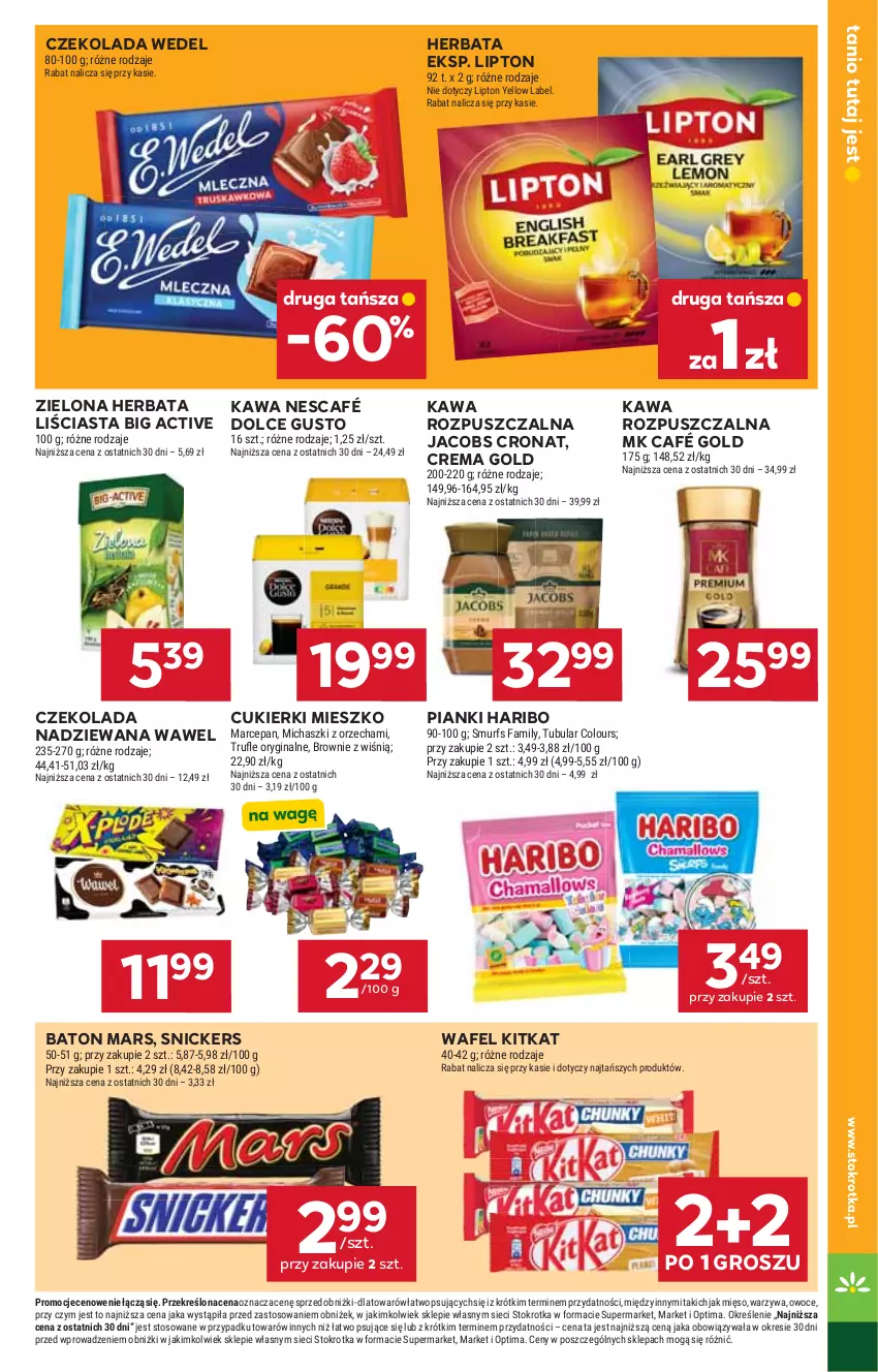 Gazetka promocyjna Stokrotka - Market - ważna 14.05 do 20.05.2026 - strona 15 - produkty: Baton, Brownie, Cukier, Cukierki, Czekolada, Czekolada nadziewana, Dolce Gusto, Fa, Gin, Haribo, Herbata, Jacobs, Kawa, Kawa rozpuszczalna, Lipton, Mars, Mięso, Nescafé, Optima, Owoce, Snickers, Warzywa, Wawel