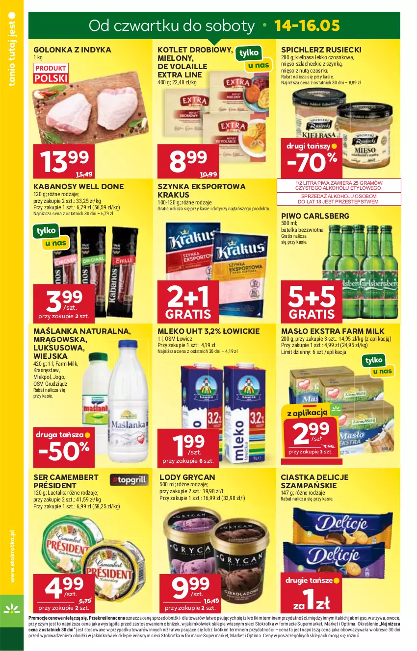 Gazetka promocyjna Stokrotka - Market - ważna 14.05 do 20.05.2026 - strona 2 - produkty: Camembert, Carlsberg, Ciastka, Delicje, Fa, Farm Milk, Golonka z indyka, Gra, Gry, Kabanos, Kiełbasa, Kotlet, Krakus, Lody, Maślanka, Masło, Mięso, Mleko, Optima, Owoce, Piwa, Piwo, Por, Président, Ser, Spichlerz Rusiecki, Sport, Szynka, Warzywa