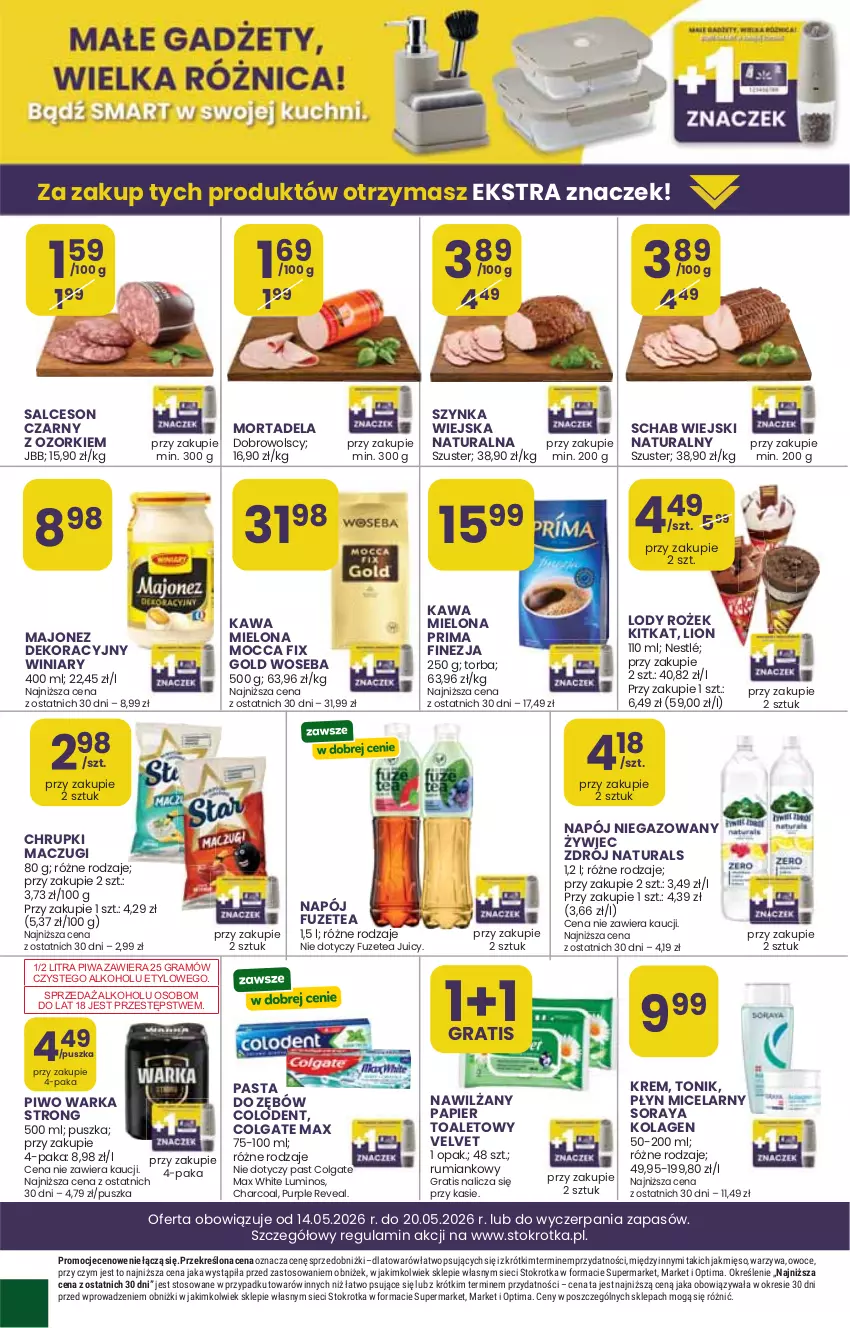 Gazetka promocyjna Stokrotka - Market - ważna 14.05 do 20.05.2026 - strona 30 - produkty: Chrupki, Colgate, Gra, Kawa, Kawa mielona, Kolagen, LG, Lion, Majonez, Mięso, Mocca Fix Gold, Napój, Napój niegazowany, Nestlé, Optima, Owoce, Papier, Papier toaletowy, Piwa, Piwo, Prima, Rum, Salceson, Szynka, Tonik, Torba, Velvet, Warka, Warzywa, Winiary, Woseba