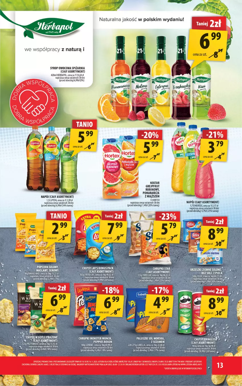 Gazetka promocyjna Arhelan - Gazetka - ważna 10.10 do 19.10.2025 - strona 13 - produkty: Beko, Chipsy, Fa, Grejpfrut, Herbapol, Hortex, Lipton, Lorenz, Napój, Nektar, Popcorn, Rubin, Ser, Sól, Syrop