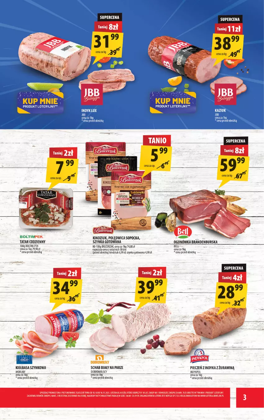 Gazetka promocyjna Arhelan - Gazetka - ważna 10.10 do 19.10.2025 - strona 3 - produkty: Bell, Kiełbasa, Kiełbasa szynkowa, Kindziuk, Morliny, Mus, Ogonówka, Piec, Polędwica, Szynka