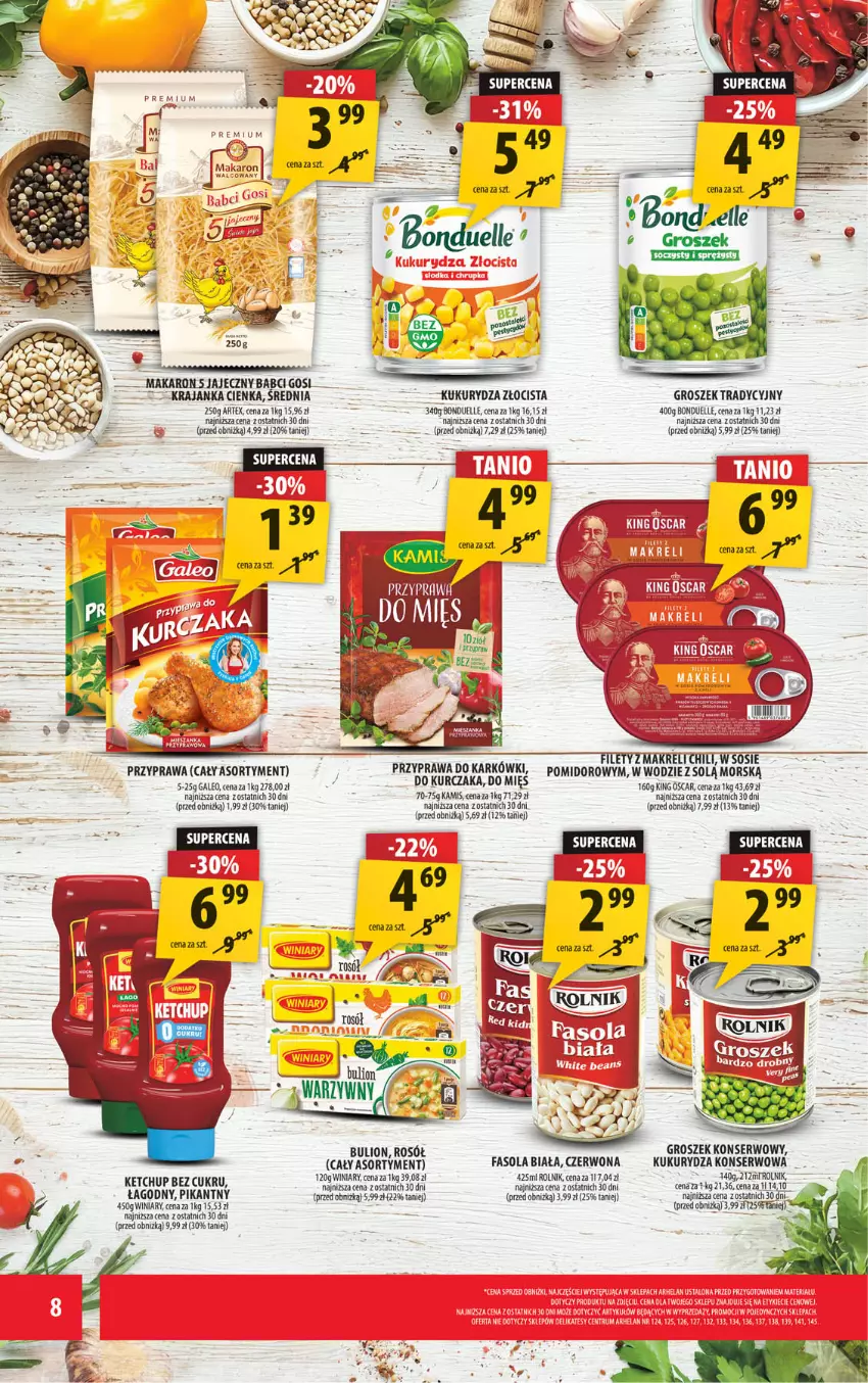 Gazetka promocyjna Arhelan - Gazetka - ważna 10.10 do 19.10.2025 - strona 8 - produkty: Bonduelle, Bulion, Fa, Fasola, Groszek, Ketchup, Kukurydza, Kurczak, Lion, Makaron, Rolnik, Rosół, Ser, Sos, Winiary
