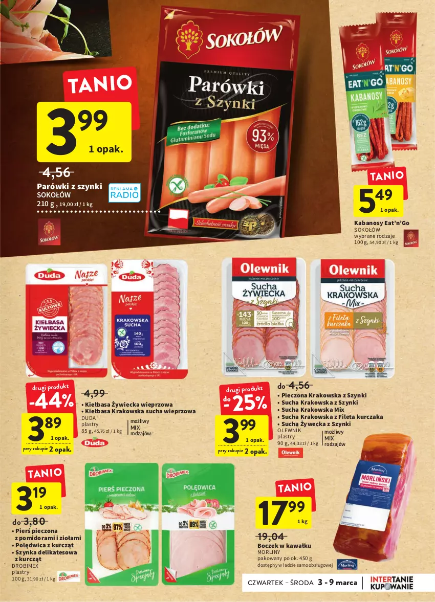 Gazetka promocyjna Intermarche - Spożywcza - ważna 03.02 do 09.02.2022 - strona 17 - produkty: Boczek, Drobimex, Duda, Kabanos, Kawa, Kiełbasa, Kiełbasa krakowska, Kurczak, Morliny, Olewnik, Parówki, Parówki z szynki, Piec, Polędwica, Sok, Sokołów, Szynka, Szynka delikatesowa