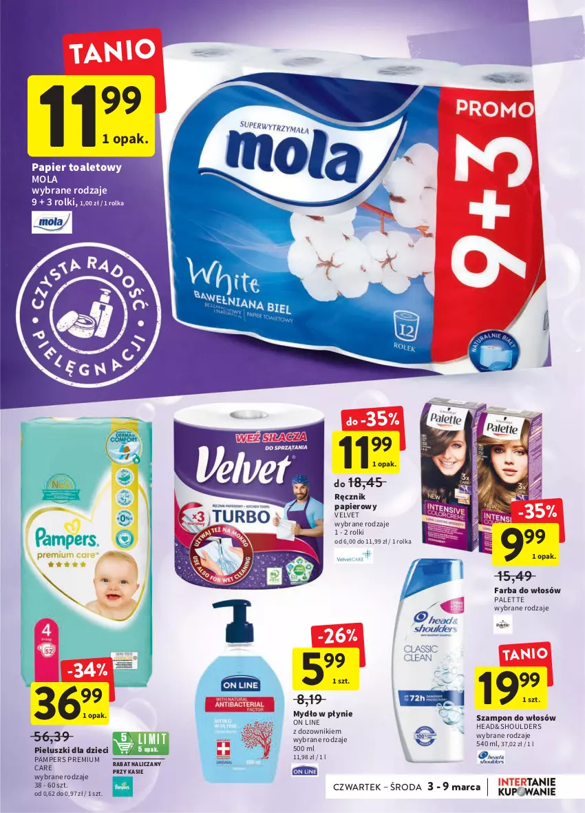 Gazetka promocyjna Intermarche - Spożywcza - ważna 03.02 do 09.02.2022 - strona 33 - produkty: Dozownik, Dzieci, Fa, Farba do włosów, Mola, Mydło, Mydło w płynie, Palette, Pampers, Papier, Papier toaletowy, Ręcznik, Rolki, Szampon, Velvet