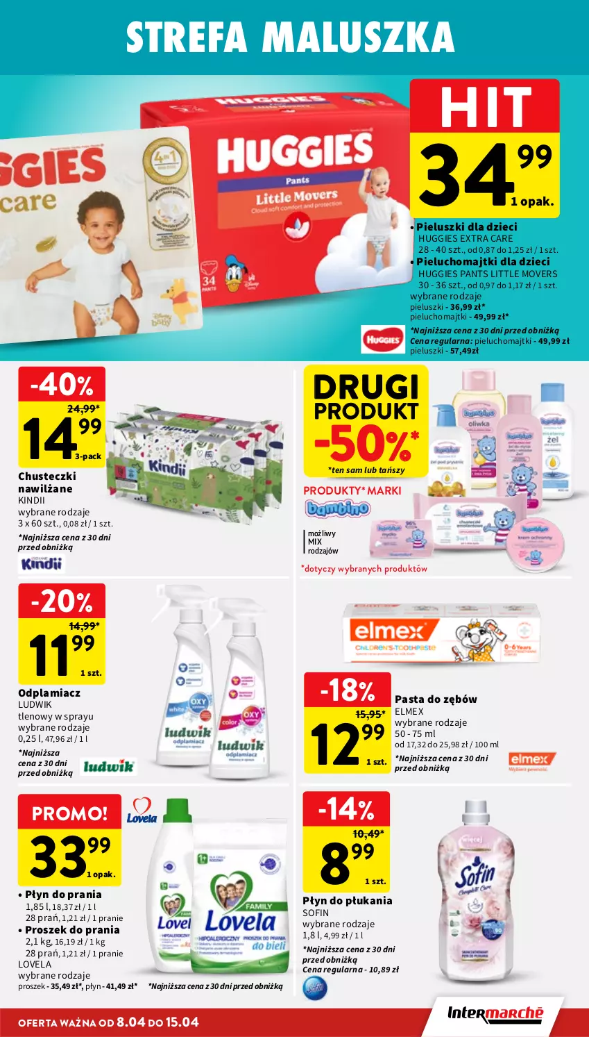 Gazetka promocyjna Intermarche - Gazetka Intermarche - ważna 08.04 do 15.04.2026 - strona 29 - produkty: Chusteczki, Dzieci, Elmex, Fa, Huggies, Kindii, Lovela, Ludwik, Majtki, Odplamiacz, Pasta do zębów, Pieluchomajtki, Płyn do płukania, Płyn do prania, Proszek do prania