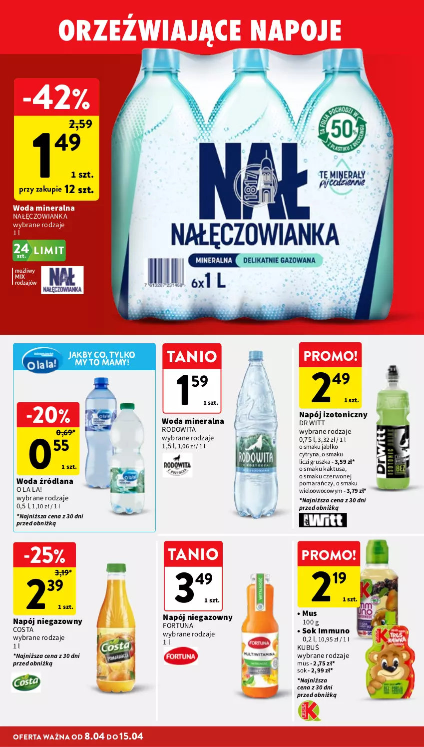 Gazetka promocyjna Intermarche - Gazetka Intermarche - ważna 08.04 do 15.04.2026 - strona 30 - produkty: Fortuna, Kaktus, Kubuś, LANA, Liczi, Mus, Nałęczowianka, Napój, Napój izotoniczny, Napoje, Sok, Woda, Woda mineralna
