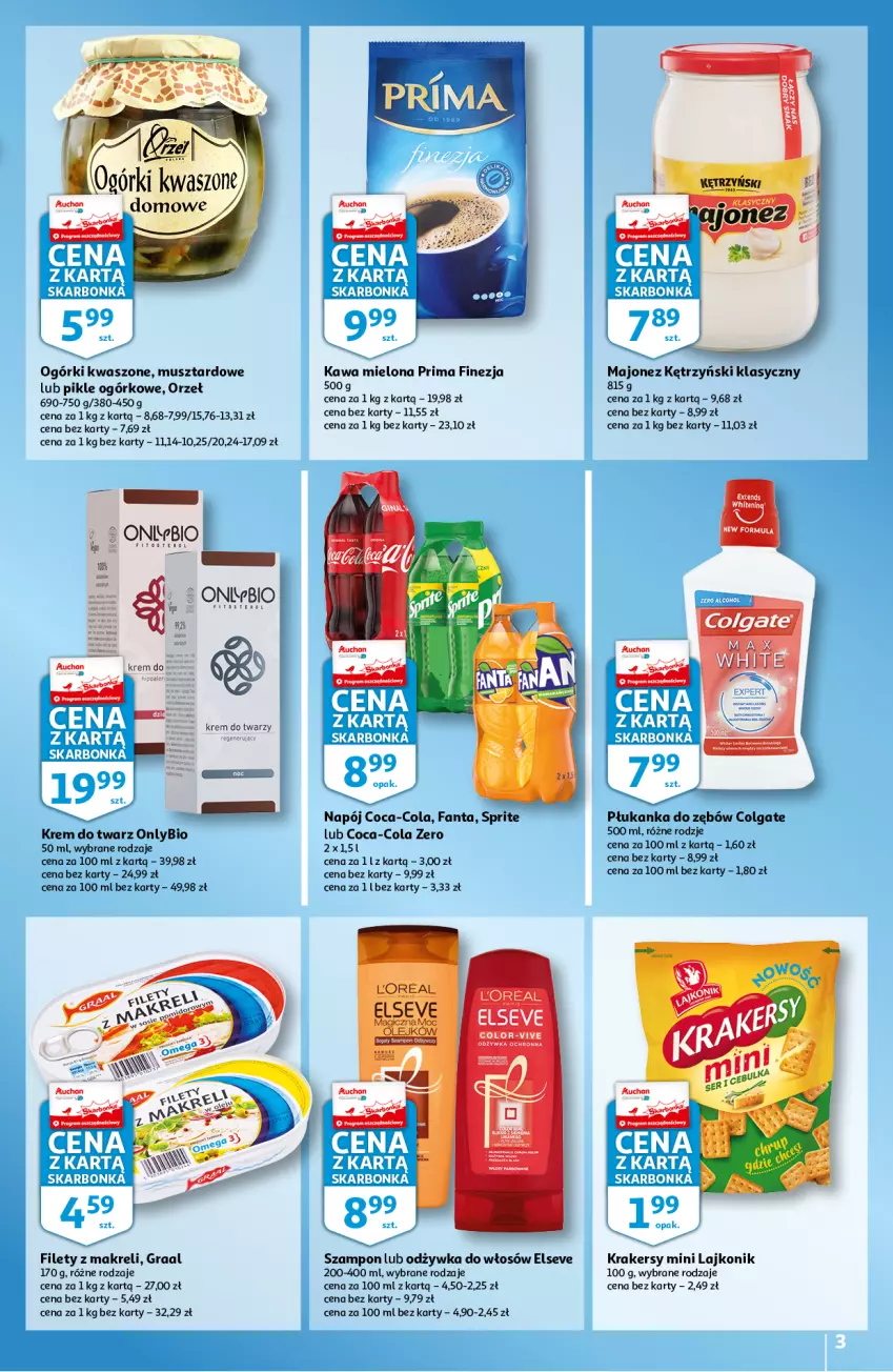 Gazetka promocyjna Auchan - Skarbonka #36 - ważna 09.09 do 15.09.2021 - strona 3 - produkty: Coca-Cola, Colgate, Elseve, Fa, Fanta, Gra, Graal, Kawa, Kawa mielona, Krakersy, Krem do twarzy, Lajkonik, LG, Majonez, Mus, Napój, Odżywka, Prima, Sprite, Szampon, Toster