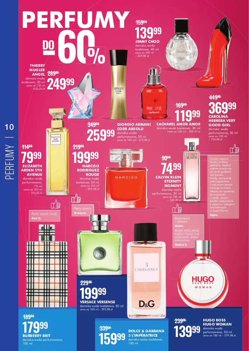 Gazetka promocyjna Super Pharm - Gazetka - ważna 31.10 do 17.11.2022 - strona 10 - produkty: Brit, Burberry, Cacharel, Calvin Klein, Carolina Herrera, Elizabeth Arden, Giorgio Armani, Hugo Boss, Jimmy Choo, Perfum, Thierry Mugler, Versace, Woda, Woda perfumowana, Woda toaletowa