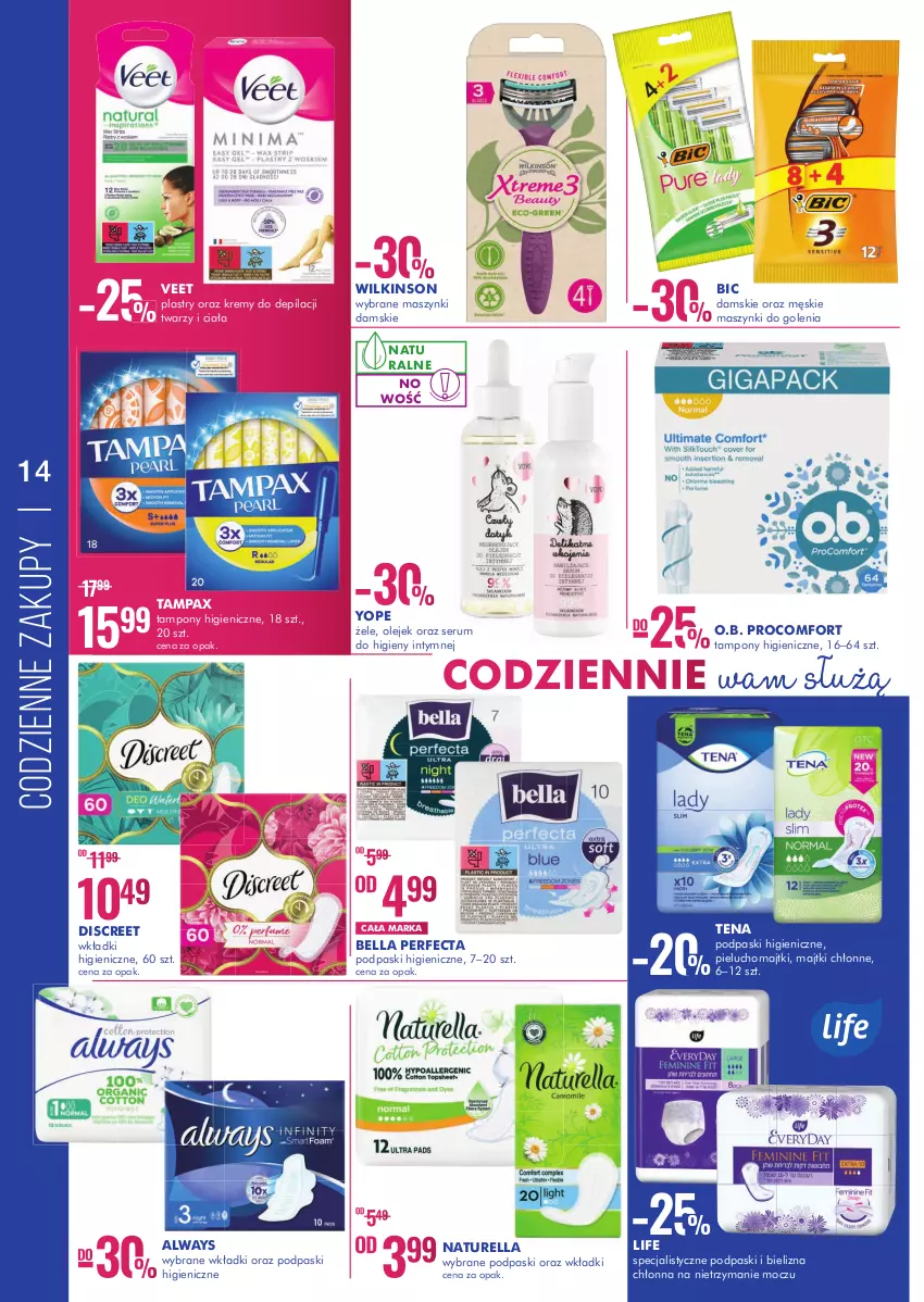 Gazetka promocyjna Super Pharm - Gazetka - ważna 31.10 do 17.11.2022 - strona 14 - produkty: Always, Bell, Bella, BIC, Bielizna, Discreet, Majtki, Naturell, Naturella, O.B., Olej, Pax, Perfecta, Pieluchomajtki, Podpaski, Rum, Ser, Serum, Tampax, Tampony, Veet, Wkładki, Yope