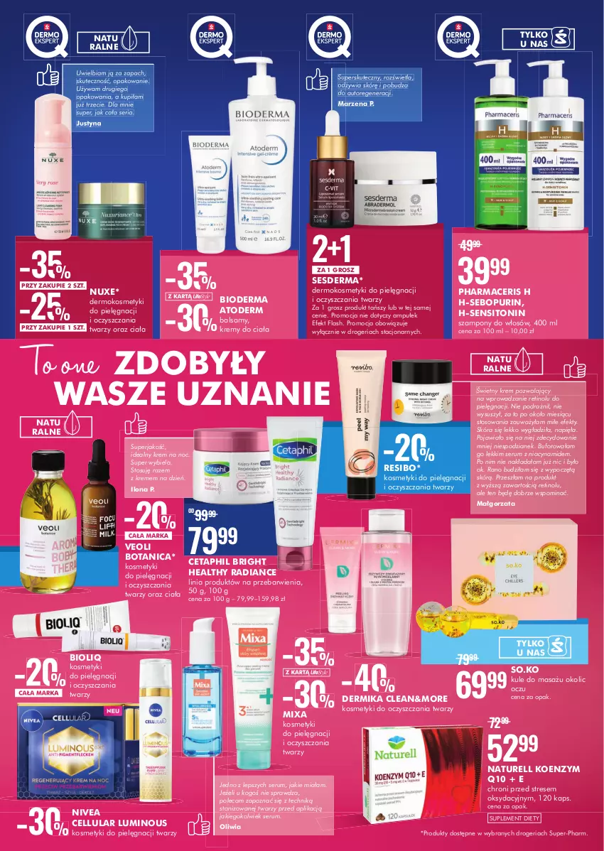 Gazetka promocyjna Super Pharm - Gazetka - ważna 31.10 do 17.11.2022 - strona 4 - produkty: Acer, Atoderm, Bioderma, Cetaphil, Dermika, Koenzym Q10, Kosmetyki do pielęgnacji, Krem na noc, Mixa, Naturell, Nivea, Nuxe, Pharmaceris, Pur, Rum, Ser, Serum, Sesderma, Sito, Suplement diety, Szampon, Veoli Botanica