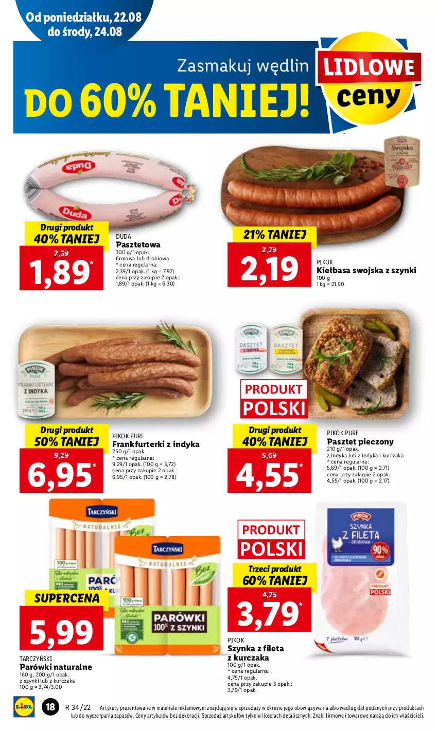 Gazetka promocyjna Lidl - GAZETKA - ważna 22.08 do 24.08.2022 - strona 20 - produkty: Duda, Frankfurterki, Kiełbasa, Kurczak, Parówki, Pasztet, Piec, PIKOK, Pur, Szynka, Tarczyński