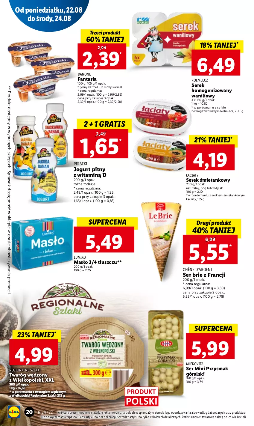 Gazetka promocyjna Lidl - GAZETKA - ważna 22.08 do 24.08.2022 - strona 22 - produkty: Brie, Danone, Danone Fantasia, Fa, Fanta, Gra, Jogurt, Jogurt pitny, Masło, Mleko, Mlekovita, Por, Rolmlecz, Ser, Serek, Serek homogenizowany, Twaróg