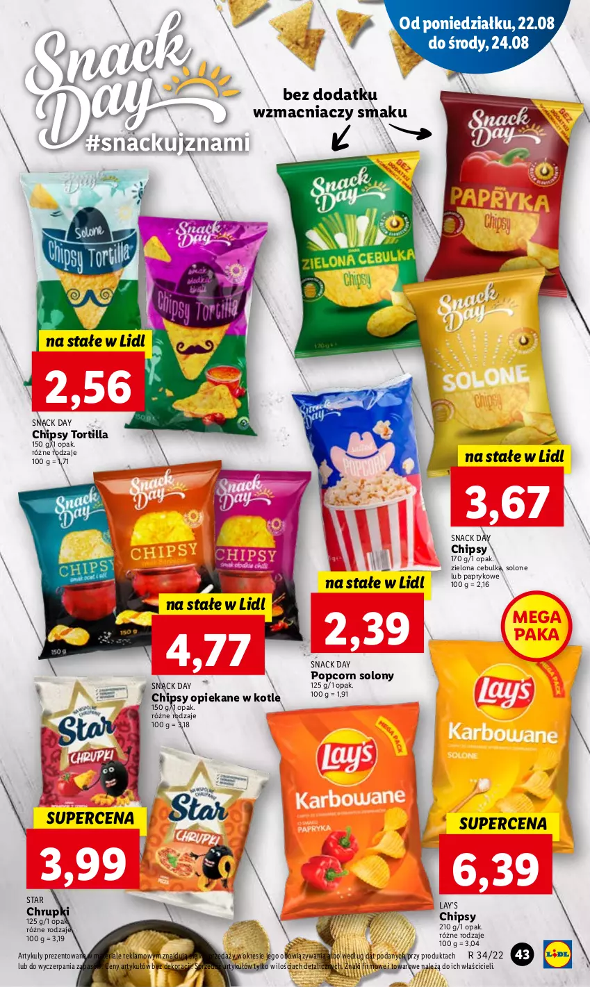 Gazetka promocyjna Lidl - GAZETKA - ważna 22.08 do 24.08.2022 - strona 45 - produkty: Chipsy, Chrupki, Lay’s, Popcorn, Tortilla