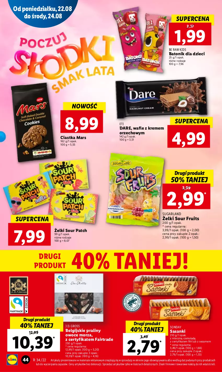 Gazetka promocyjna Lidl - GAZETKA - ważna 22.08 do 24.08.2022 - strona 46 - produkty: Baton, Ciastka, Dzieci, Fa, LG, Mars, Owoce, Owoce morza, Praliny, Sanki, Sezam, Tonik