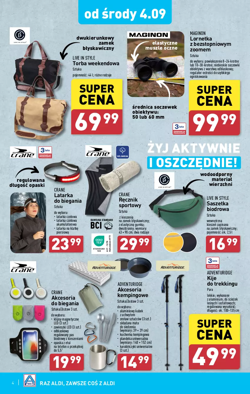 Gazetka promocyjna Aldi - Artykuły przemysłowe i tekstylia - ważna 04.09 do 07.09.2024 - strona 4 - produkty: Akumulator, Fa, Gin, Kije, Kubek, Latarka, Latarka czołowa, Lornetka, Mus, Obiektyw, Opaska, Por, Ręcznik, Sok, Sport, Tarka, Telefon, Top, Torba, Wełna, Zawieszki, Zestaw sztućców