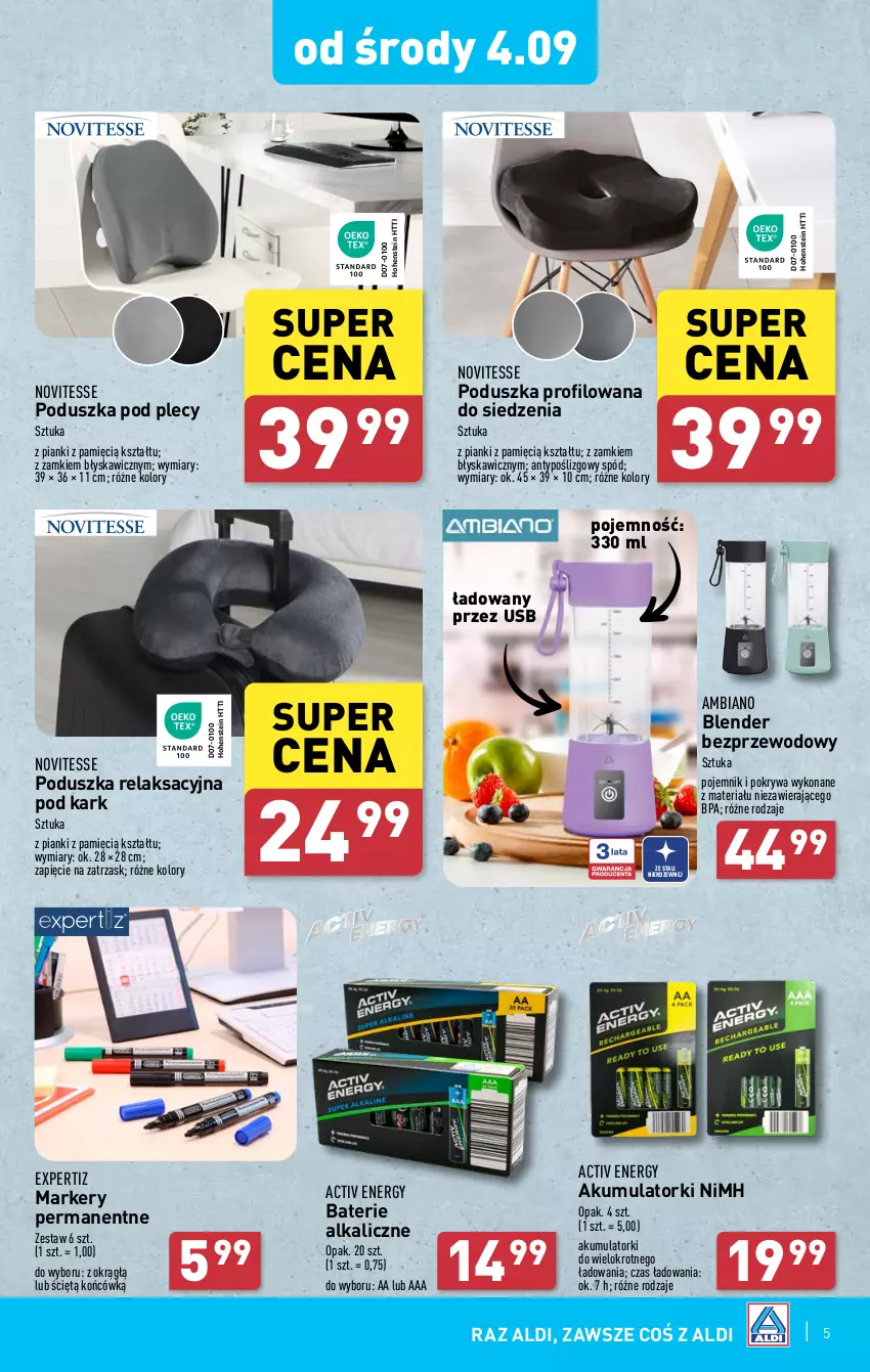 Gazetka promocyjna Aldi - Artykuły przemysłowe i tekstylia - ważna 04.09 do 07.09.2024 - strona 5 - produkty: Akumulator, Baterie alkaliczne, Blender, Marker, Poduszka, Pojemnik, Pokrywa