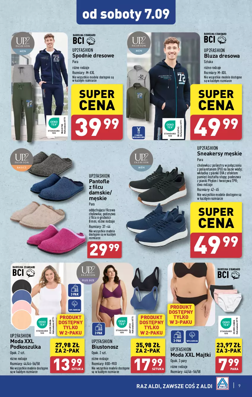 Gazetka promocyjna Aldi - Artykuły przemysłowe i tekstylia - ważna 04.09 do 07.09.2024 - strona 9 - produkty: Biustonosz, Bluza, Bluza dresowa, Dres, Fa, Kosz, Koszulka, Majtki, Moda, Sneakersy, Spodnie, Spodnie dresowe, Top, Wełna