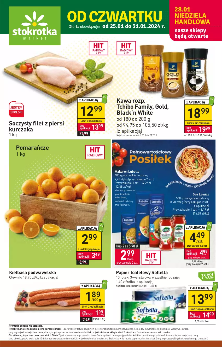 Gazetka promocyjna Stokrotka - Market - ważna 25.01 do 31.01.2024 - strona 1 - produkty: Bell, Bella, Fa, Filet z piersi kurczaka, Kawa, Kiełbasa, Kiełbasa podwawelska, Kurczak, Lack, Lubella, Makaron, Mięso, Olewnik, Owoce, Papier, Papier toaletowy, Pomarańcze, Psi Patrol, Sos, Tchibo, Tchibo Family, Warzywa, Wawel