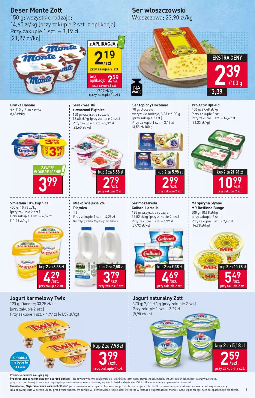 Gazetka promocyjna Stokrotka - Market - ważna 25.01 do 31.01.2024 - strona 10 - produkty: Danone, Deser, Galbani, Gra, Hochland, Jogurt, Jogurt naturalny, Margaryna, Mięso, Mleko, Monte, Mozzarella, Owoce, Piątnica, Ser, Ser topiony, Serek, Serek wiejski, Słynne, Słynne MR Roślinne, Top, Twix, Warzywa, Włoszczowski, Zott