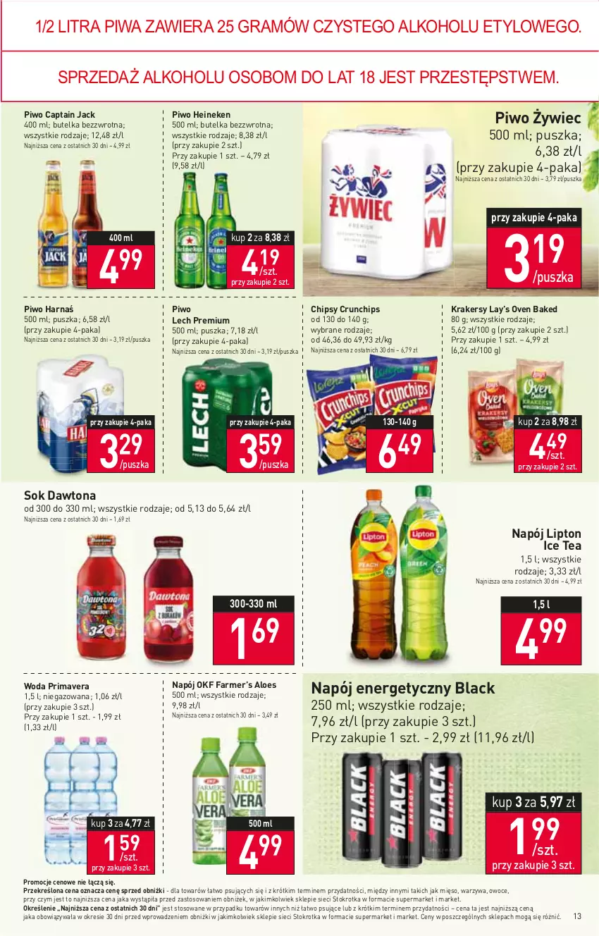 Gazetka promocyjna Stokrotka - Market - ważna 25.01 do 31.01.2024 - strona 14 - produkty: Captain Jack, Chipsy, Crunchips, Dawtona, Fa, Gra, Harnaś, Heineken, Ice tea, Krakersy, Lack, Lay’s, Lech Premium, Lipton, Mięso, Napój, Napój energetyczny, Owoce, Piwa, Piwo, Prima, Primavera, Sok, Warzywa, Woda