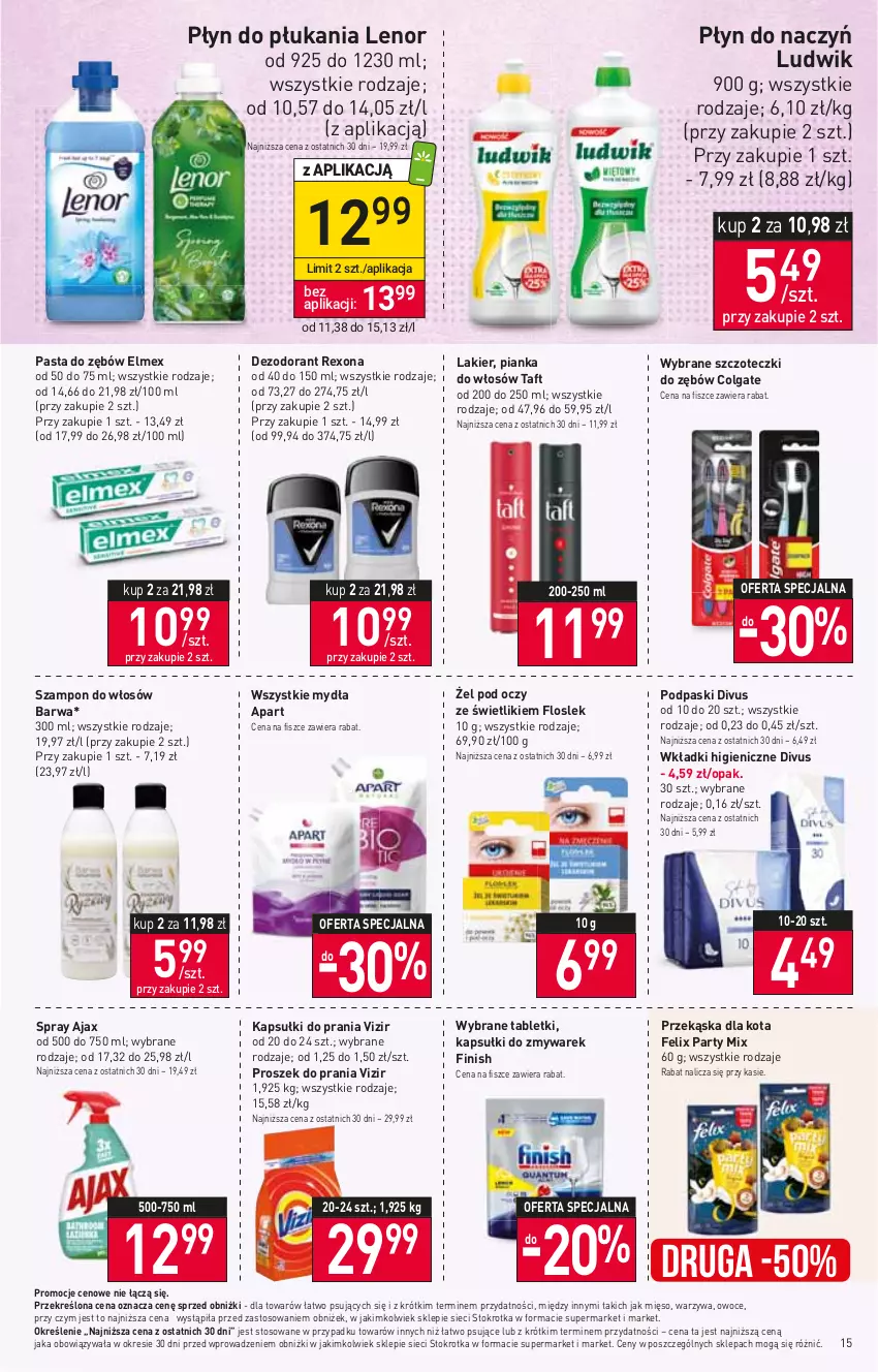 Gazetka promocyjna Stokrotka - Market - ważna 25.01 do 31.01.2024 - strona 16 - produkty: Ajax, Colgate, Dezodorant, Elmex, Felix, Finish, Kapsułki do prania, Lakier, Lenor, LG, Ludwik, Mięso, Owoce, Pasta do zębów, Pianka do włosów, Płyn do płukania, Podpaski, Proszek do prania, Rexona, Szampon, Tablet, Taft, Vizir, Warzywa, Wkładki