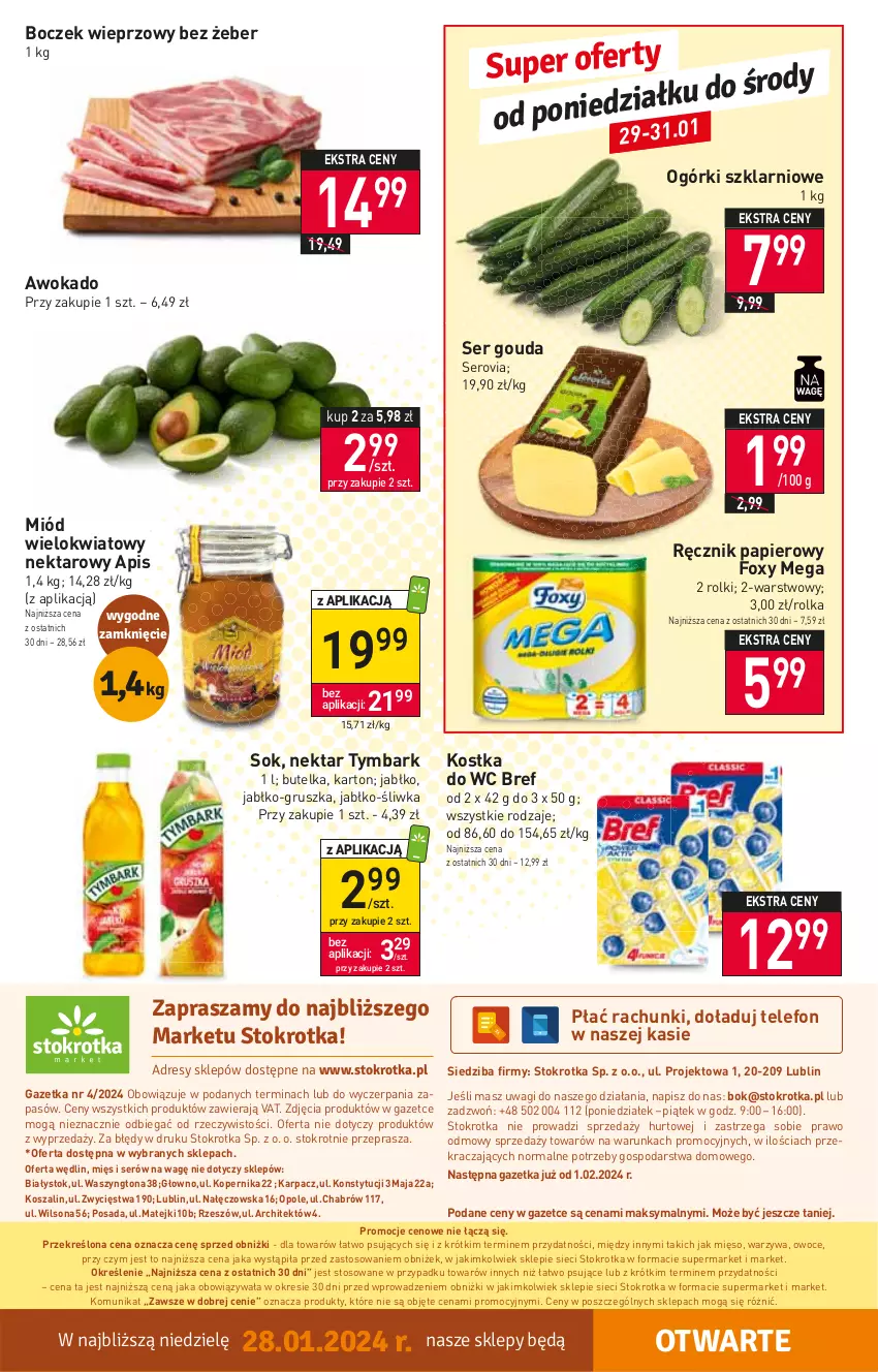 Gazetka promocyjna Stokrotka - Market - ważna 25.01 do 31.01.2024 - strona 17 - produkty: Boczek, Boczek wieprzowy, Bref, Foxy, Gouda, Karp, Kostka do wc, Kosz, Mięso, Miód, Nektar, O nas, Owoce, Papier, Ręcznik, Rolki, Ser, Sok, Szal, Telefon, Tymbark, Wagi, Warzywa, Wilson