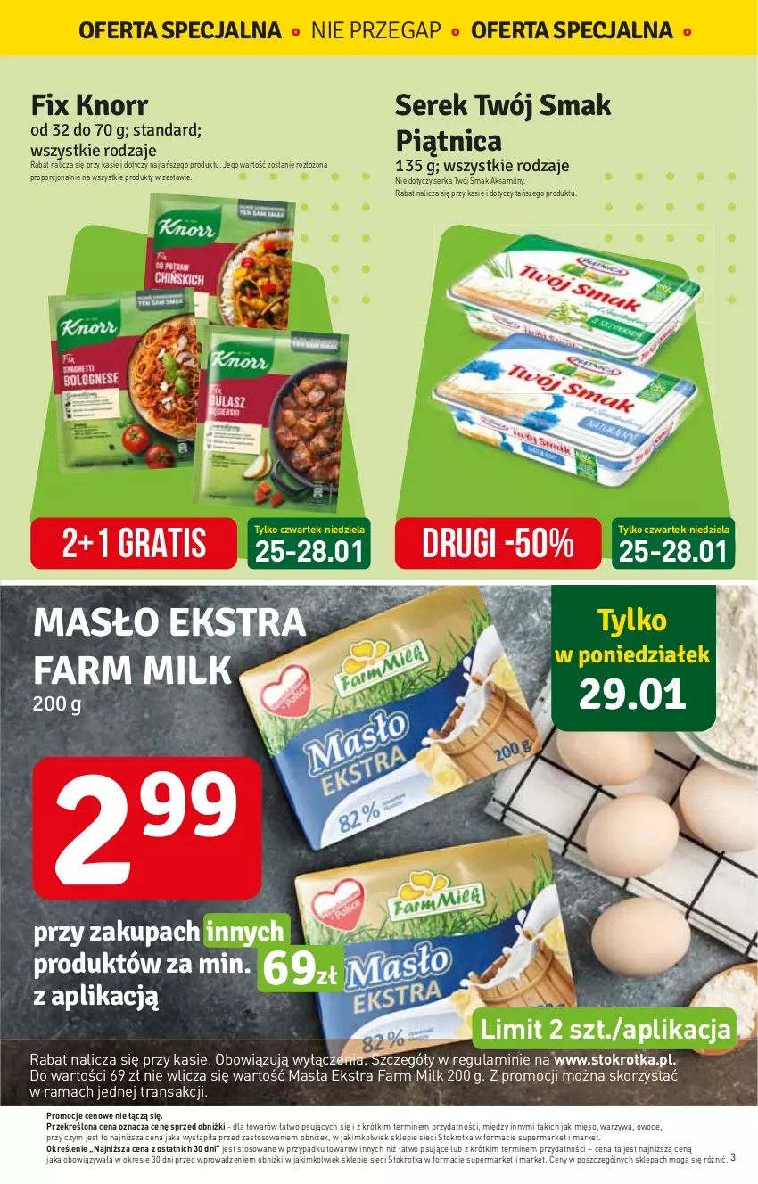 Gazetka promocyjna Stokrotka - Market - ważna 25.01 do 31.01.2024 - strona 3 - produkty: Aksam, Fa, Farm Milk, Gra, Knorr, Mięso, Owoce, Por, Rama, Ser, Serek, Tran, Twój Smak, Warzywa