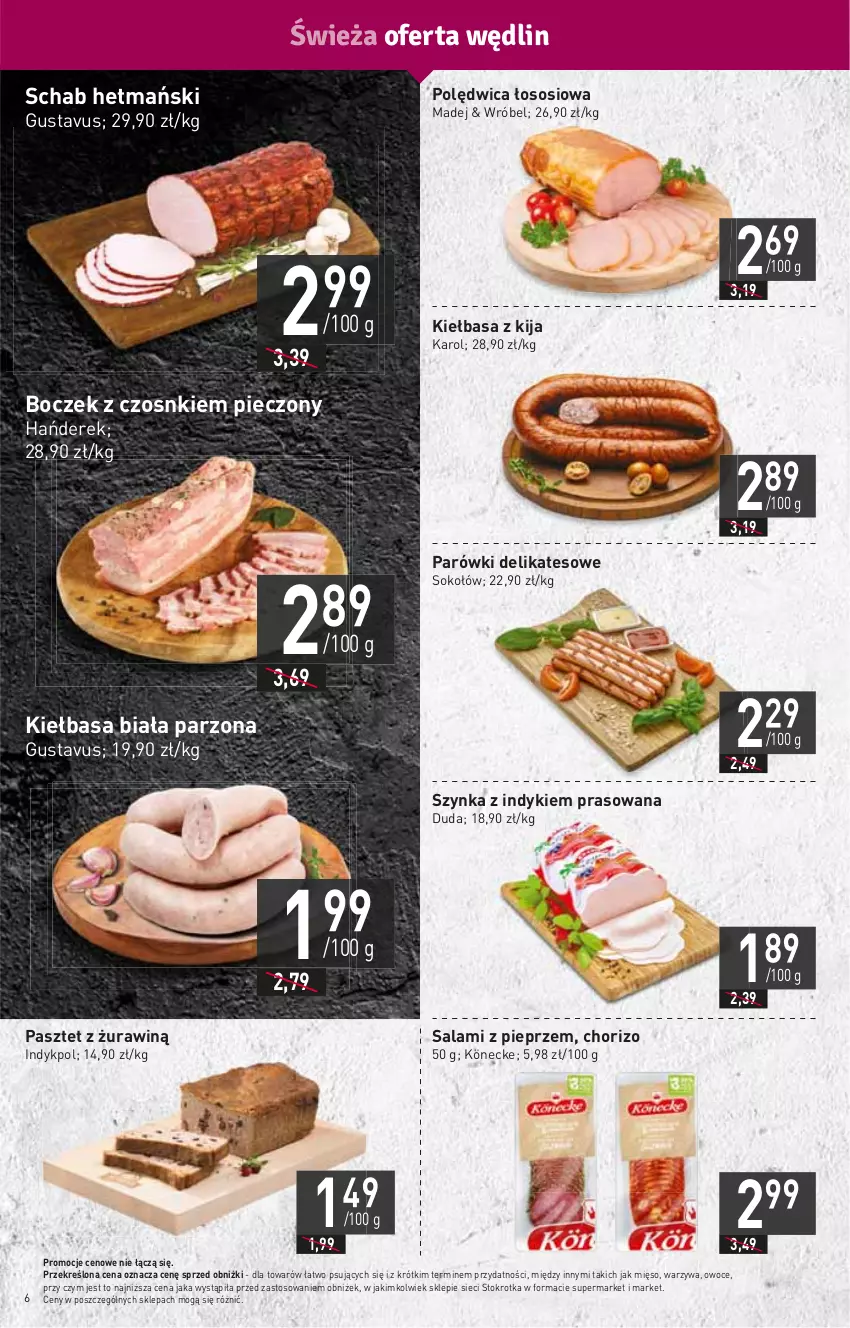 Gazetka promocyjna Stokrotka - Market - ważna 25.01 do 31.01.2024 - strona 6 - produkty: Boczek, Duda, HP, Kiełbasa, Kiełbasa biała, Mięso, Owoce, Parówki, Pasztet, Piec, Pieprz, Polędwica, Salami, Sok, Sokołów, Sos, Szynka, Warzywa