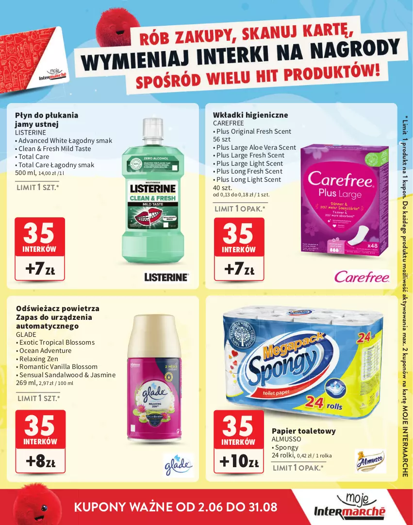 Gazetka promocyjna Intermarche - Gazetka Intermarche - ważna 02.06 do 31.08.2025 - strona 23 - produkty: Aloe vera, Carefree, Gin, Listerine, Mus, Odświeżacz powietrza, Papier, Papier toaletowy, Płyn do płukania, Płyn do płukania jamy ustnej, Rolki, Sensual, Tropical, Wkładki