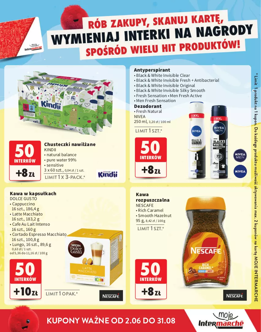 Gazetka promocyjna Intermarche - Gazetka Intermarche - ważna 02.06 do 31.08.2025 - strona 27 - produkty: Antyperspirant, Cappuccino, Chia, Chusteczki, Dezodorant, Dolce Gusto, Gin, Kawa, Kawa rozpuszczalna, Kindii, Lack, Nivea, Pur, Sati