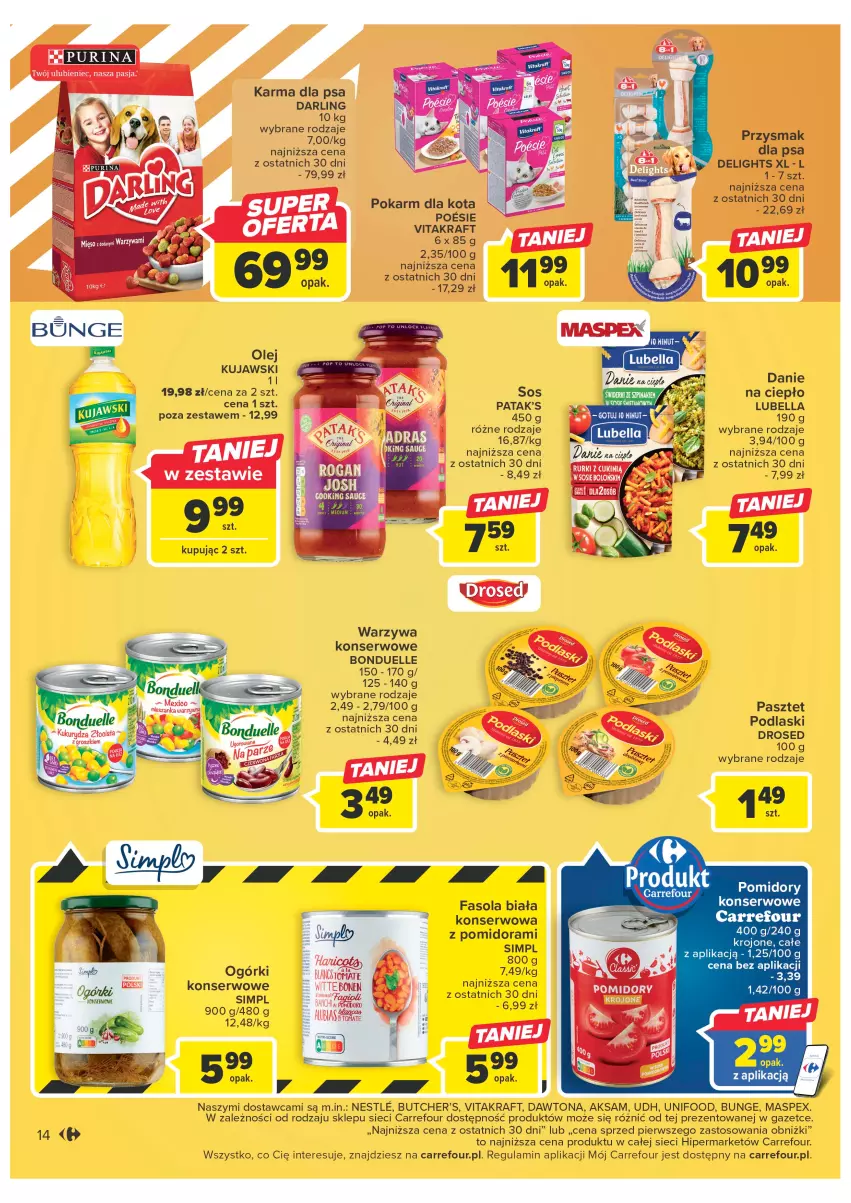 Gazetka promocyjna Carrefour - Gazetka Carrefour - ważna 21.02 do 04.03.2023 - strona 16 - produkty: Aksam, Bell, Bella, Bonduelle, Butcher's, Dawtona, Fa, Fasola, Kujawski, Lubella, Ogórki konserwowe, Olej, Pasztet, Patak's, Podlaski, Ser, Sos, Vitakraft, Warzywa, Warzywa konserwowe