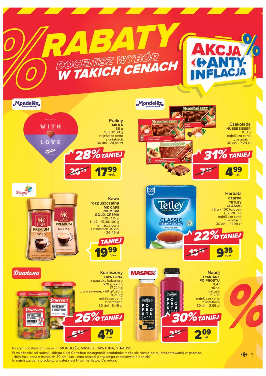 Gazetka promocyjna Carrefour - Gazetka Carrefour - ważna 21.02 do 04.03.2023 - strona 3 - produkty: Czekolada, Dawtona, Herbata, Kawa, Korniszony, Milka, Napój, Praliny, Ser, Tetley, Tymbark, Warzywa