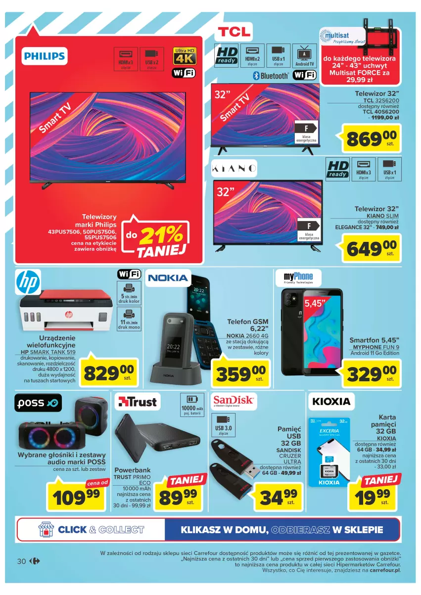 Gazetka promocyjna Carrefour - Gazetka Carrefour - ważna 21.02 do 04.03.2023 - strona 32 - produkty: Android TV, Głośnik, HP, MyPhone, Nokia, Philips, Powerbank, Rust, Smartfon, Telefon, Telewizor, Telewizory, Tusz, Urządzenie wielofunkcyjne